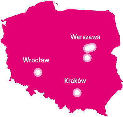 A map of Poland showing the locations of T-Mobile Data Centers: Warsaw, Piaseczno, Cracow, Wroclaw.