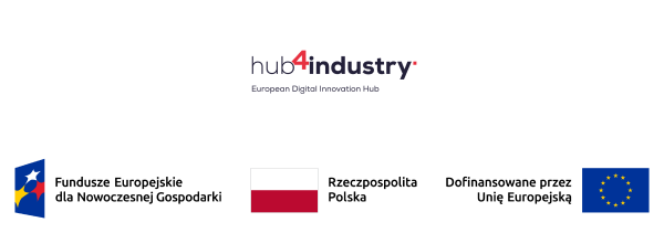 logo: hub4industry, Fundusze Europejskie dla Nowoczesnej Gospodarki oraz Flaga Polski i UE (dopinansowane przez Unię Europejską)