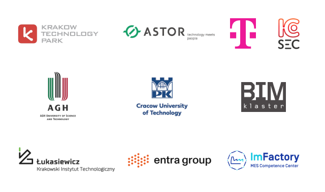logotypy partnerów: Kraków Technology Park, Astor, T-Mobile, IC SEC, AGH, BIM, entra group, ImFactory